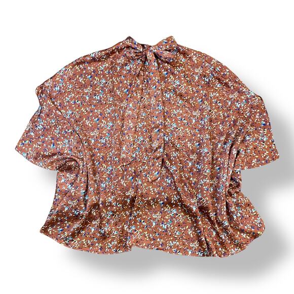 KLD Floral Tie Neck Short Sleeve Blouse Womens Size M Multicolor Boho - Picture 4 of 6